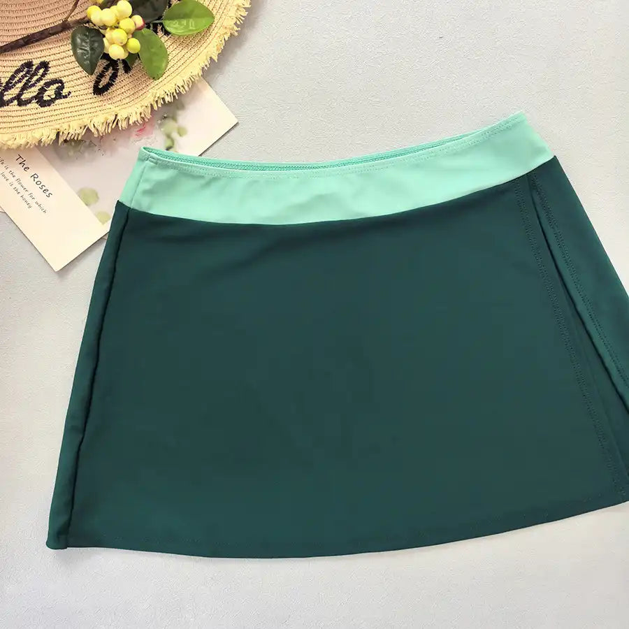 High Waist Skirted Swim Set - Round Neck Tummy Control Solid Color