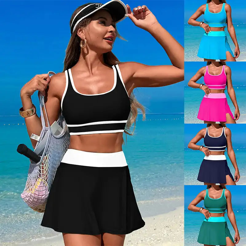 High Waist Skirted Swim Set - Round Neck Tummy Control Solid Color