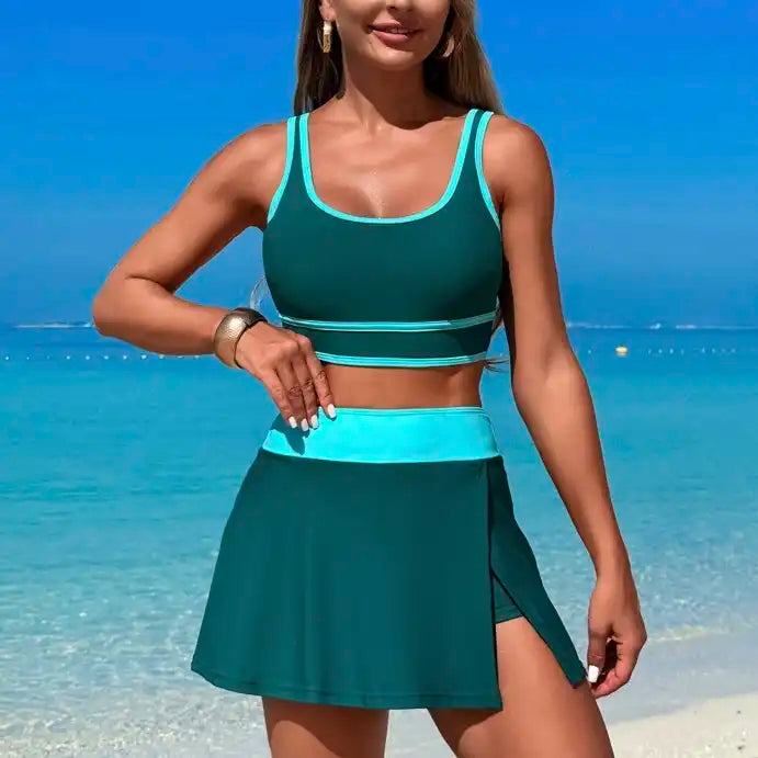 High Waist Skirted Swim Set - Round Neck Tummy Control Solid Color