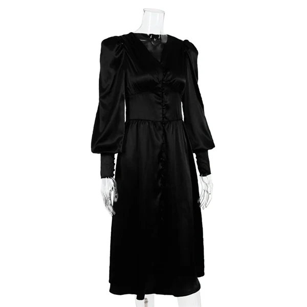 High Waist V-neck Long Sleeve Belted Ruffles Maxi Dress