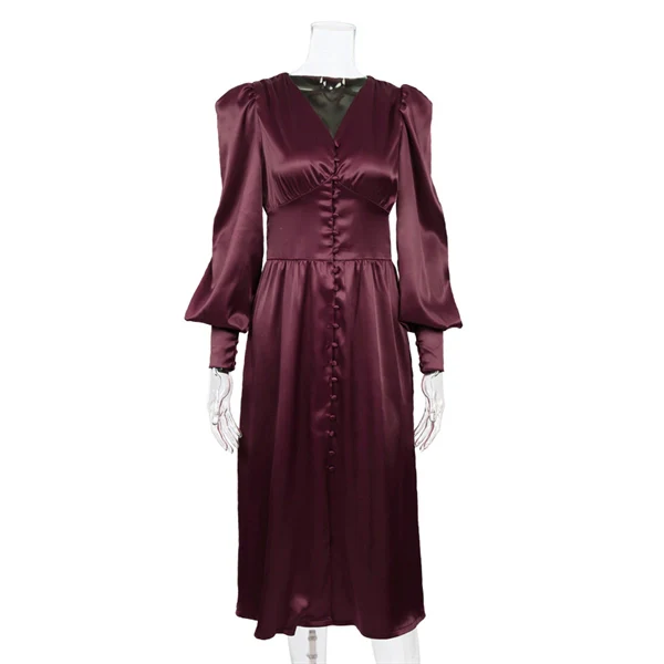 High Waist V-neck Long Sleeve Belted Ruffles Maxi Dress