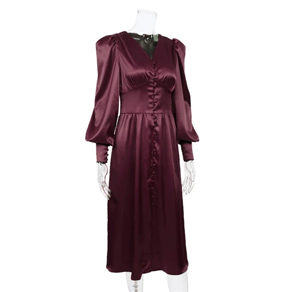 High Waist V-neck Long Sleeve Belted Ruffles Maxi Dress