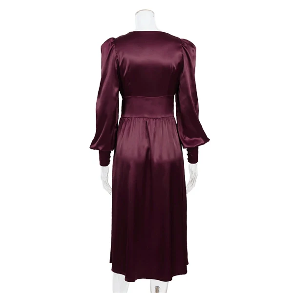 High Waist V-neck Long Sleeve Belted Ruffles Maxi Dress