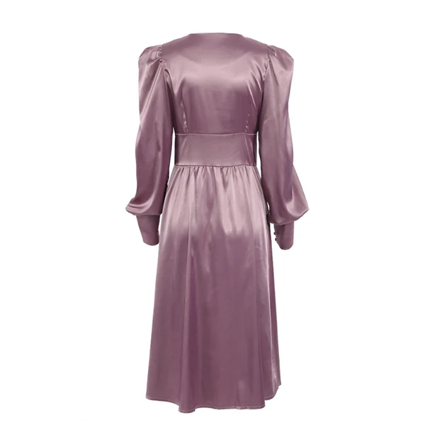 High Waist V-neck Long Sleeve Belted Ruffles Maxi Dress