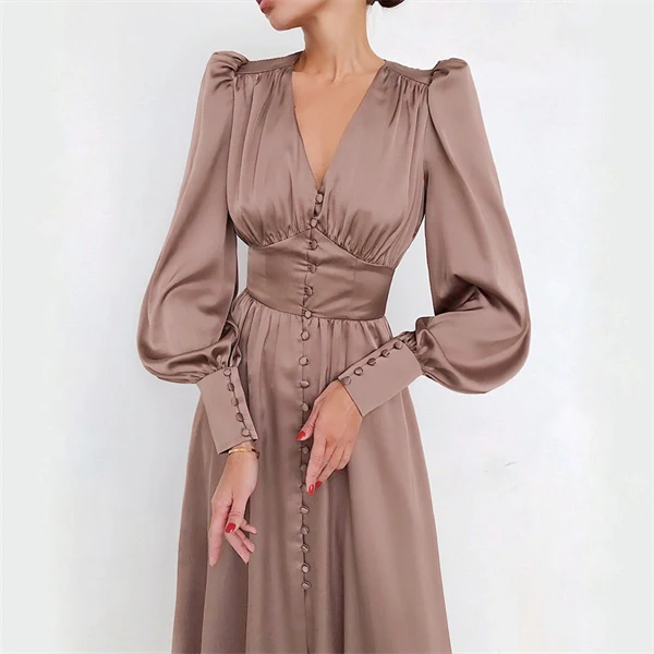 High Waist V-neck Long Sleeve Belted Ruffles Maxi Dress