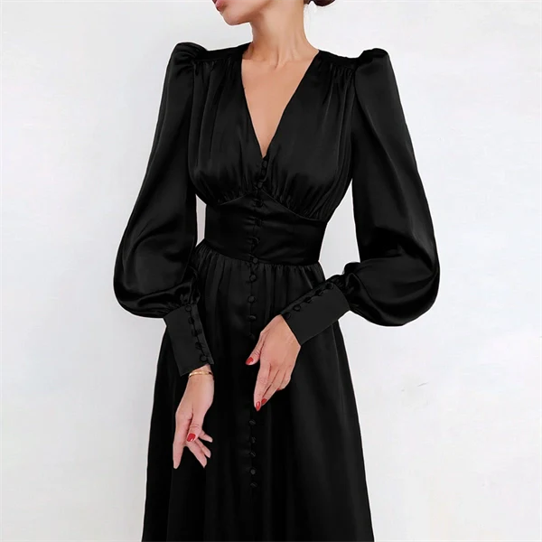 High Waist V-neck Long Sleeve Belted Ruffles Maxi Dress