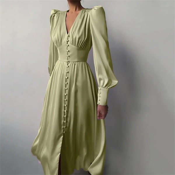 High Waist V-neck Long Sleeve Belted Ruffles Maxi Dress