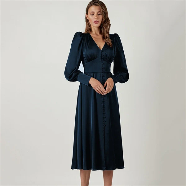 High Waist V-neck Long Sleeve Belted Ruffles Maxi Dress