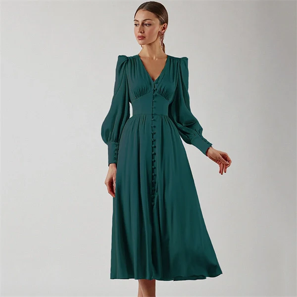 High Waist V-neck Long Sleeve Belted Ruffles Maxi Dress