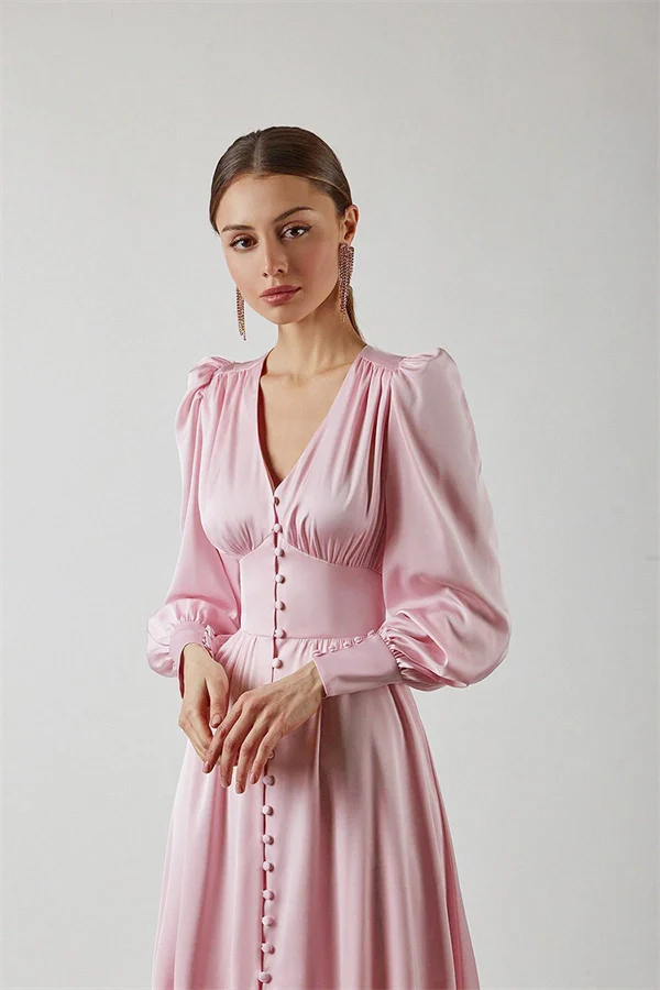 High Waist V-neck Long Sleeve Belted Ruffles Maxi Dress