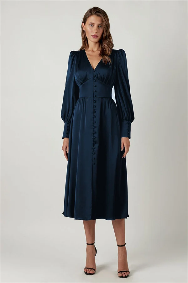 High Waist V-neck Long Sleeve Belted Ruffles Maxi Dress