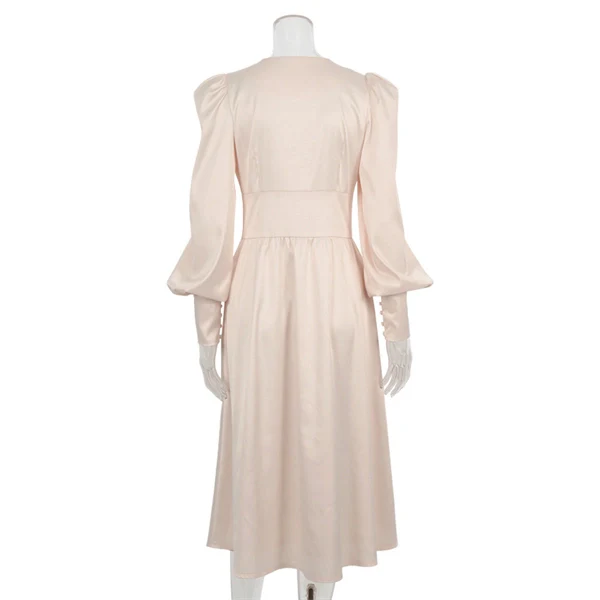 High Waist V-neck Long Sleeve Belted Ruffles Maxi Dress