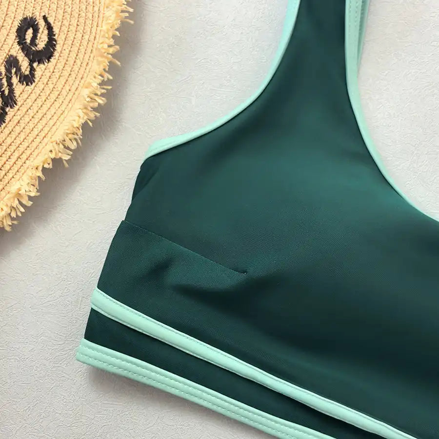 High Waist Skirted Swim Set - Round Neck Tummy Control Solid Color