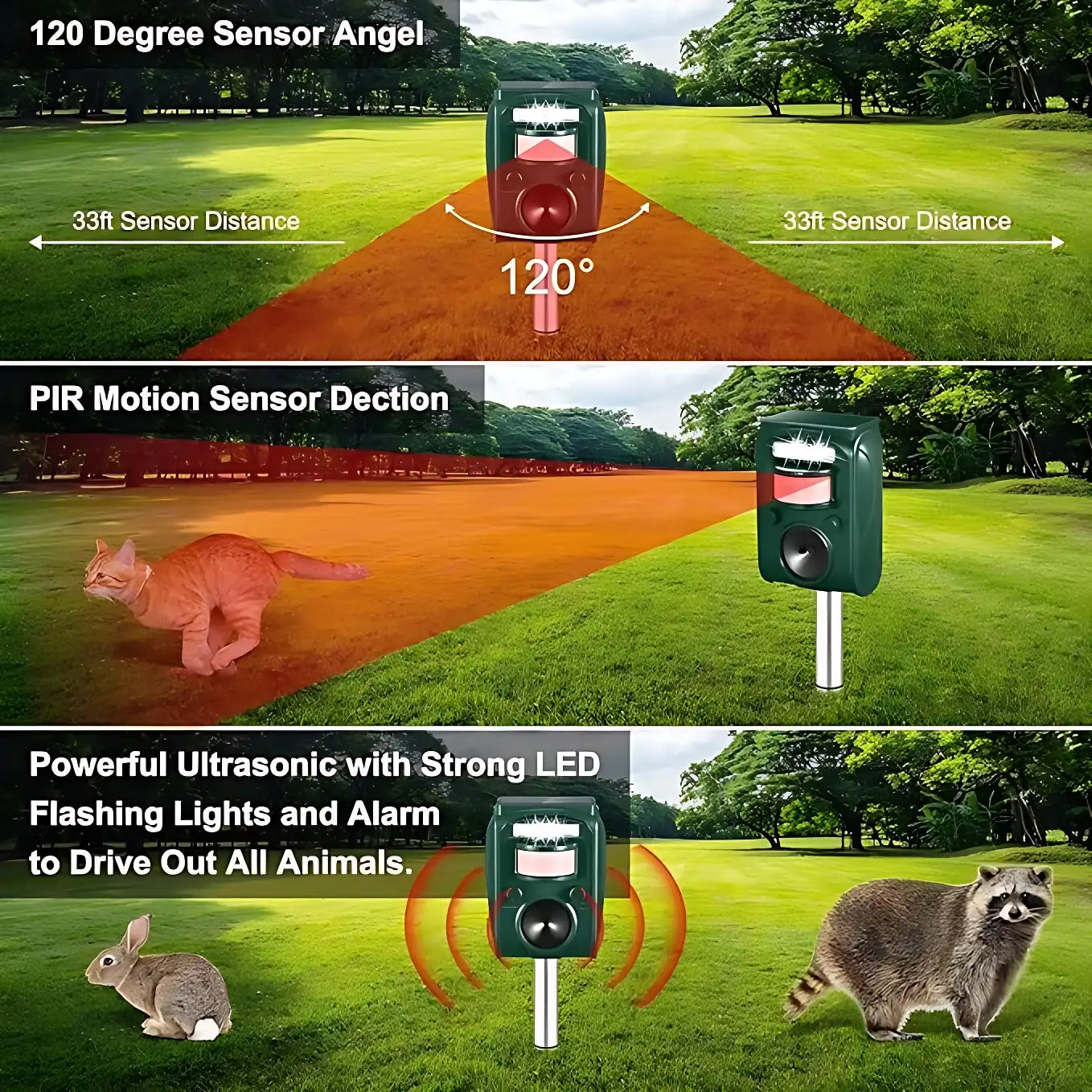 Highly Efficient Solar Ultrasonic Animal Repeller - With 5 Frequencies, Repels Moles, Squirrels, Deer, Snakes, Cats, Dogs, Raccoons, Skunks, Foxes, Birds