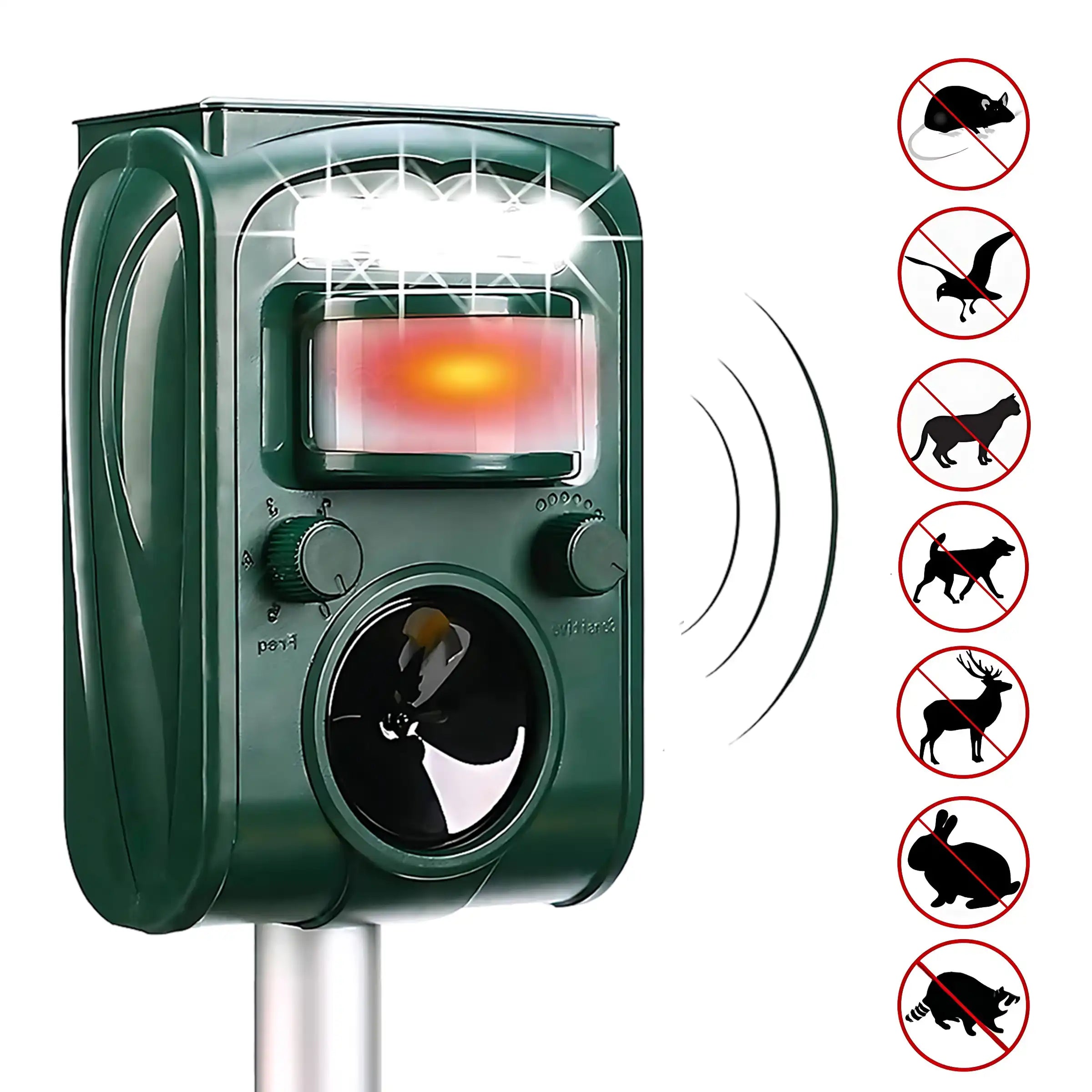Highly Efficient Solar Ultrasonic Animal Repeller - With 5 Frequencies, Repels Moles, Squirrels, Deer, Snakes, Cats, Dogs, Raccoons, Skunks, Foxes, Birds