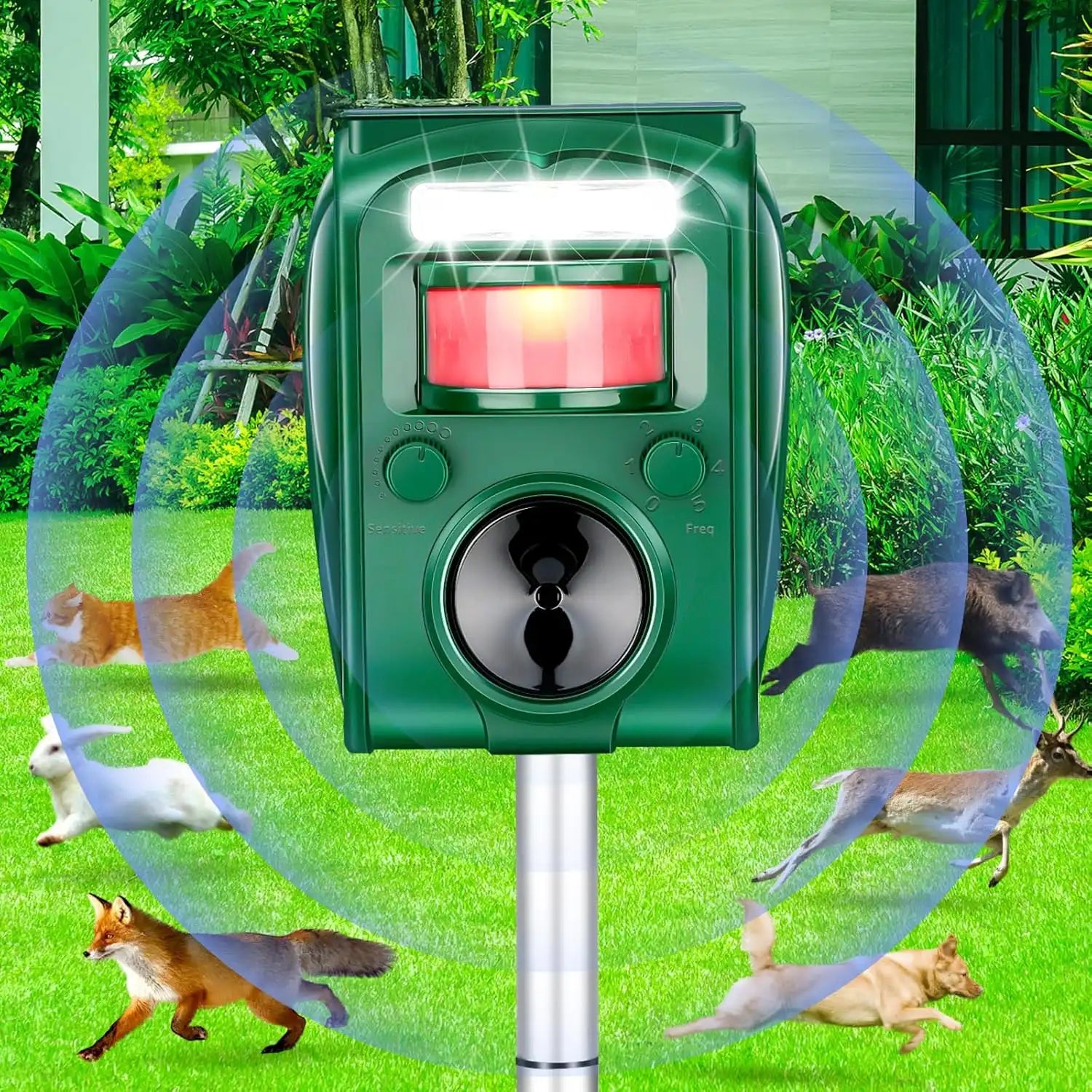 Highly Efficient Solar Ultrasonic Animal Repeller - With 5 Frequencies, Repels Moles, Squirrels, Deer, Snakes, Cats, Dogs, Raccoons, Skunks, Foxes, Birds