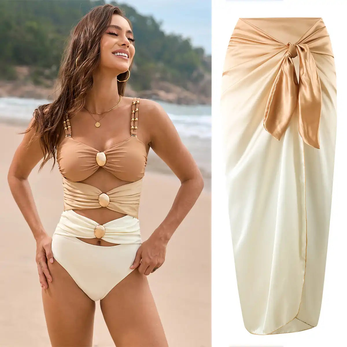 Hollow Stitching Three-color Sweetheart Neck One-Piece Swimwear