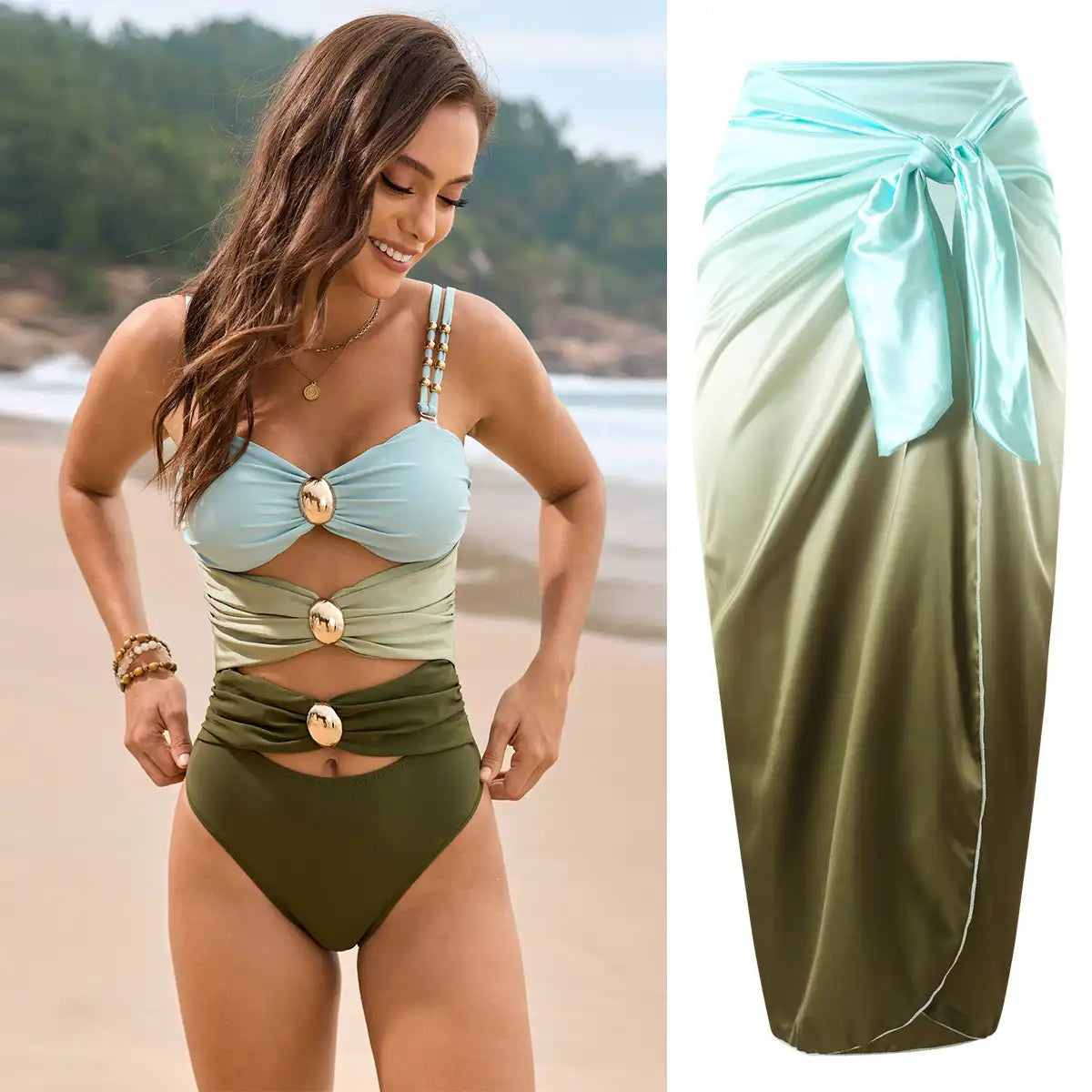 Hollow Stitching Three-color Sweetheart Neck One-Piece Swimwear