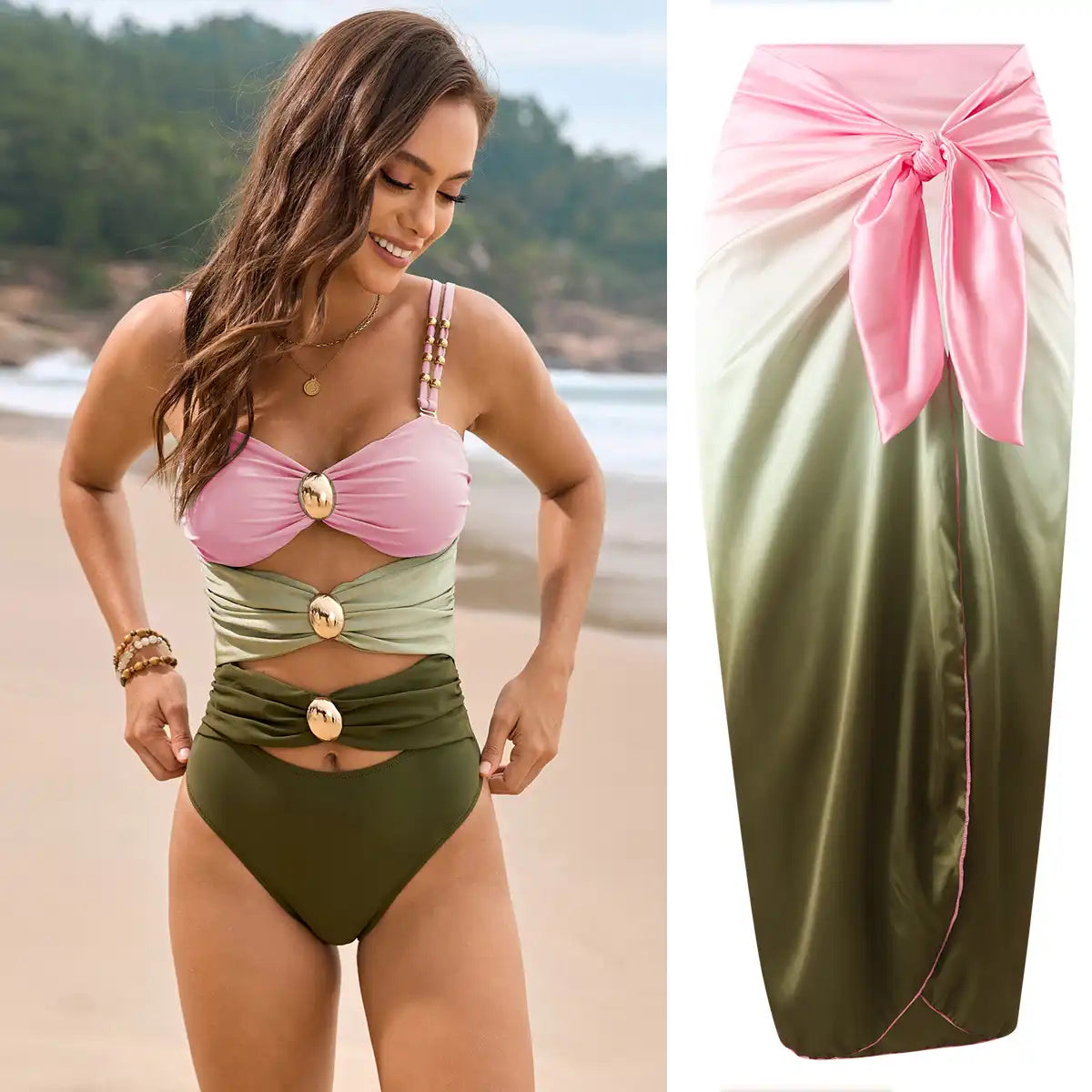 Hollow Stitching Three-color Sweetheart Neck One-Piece Swimwear