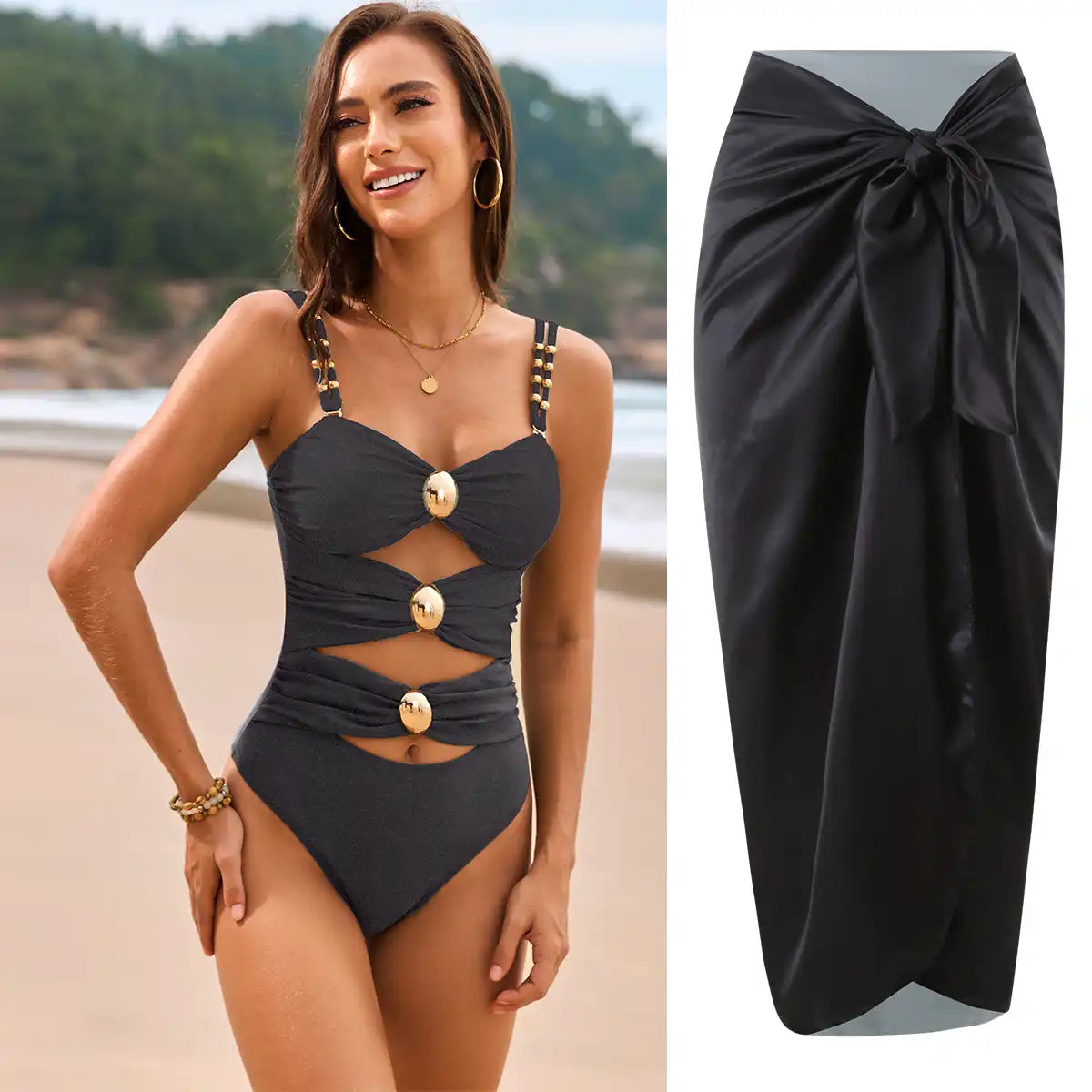 Hollow Stitching Three-color Sweetheart Neck One-Piece Swimwear