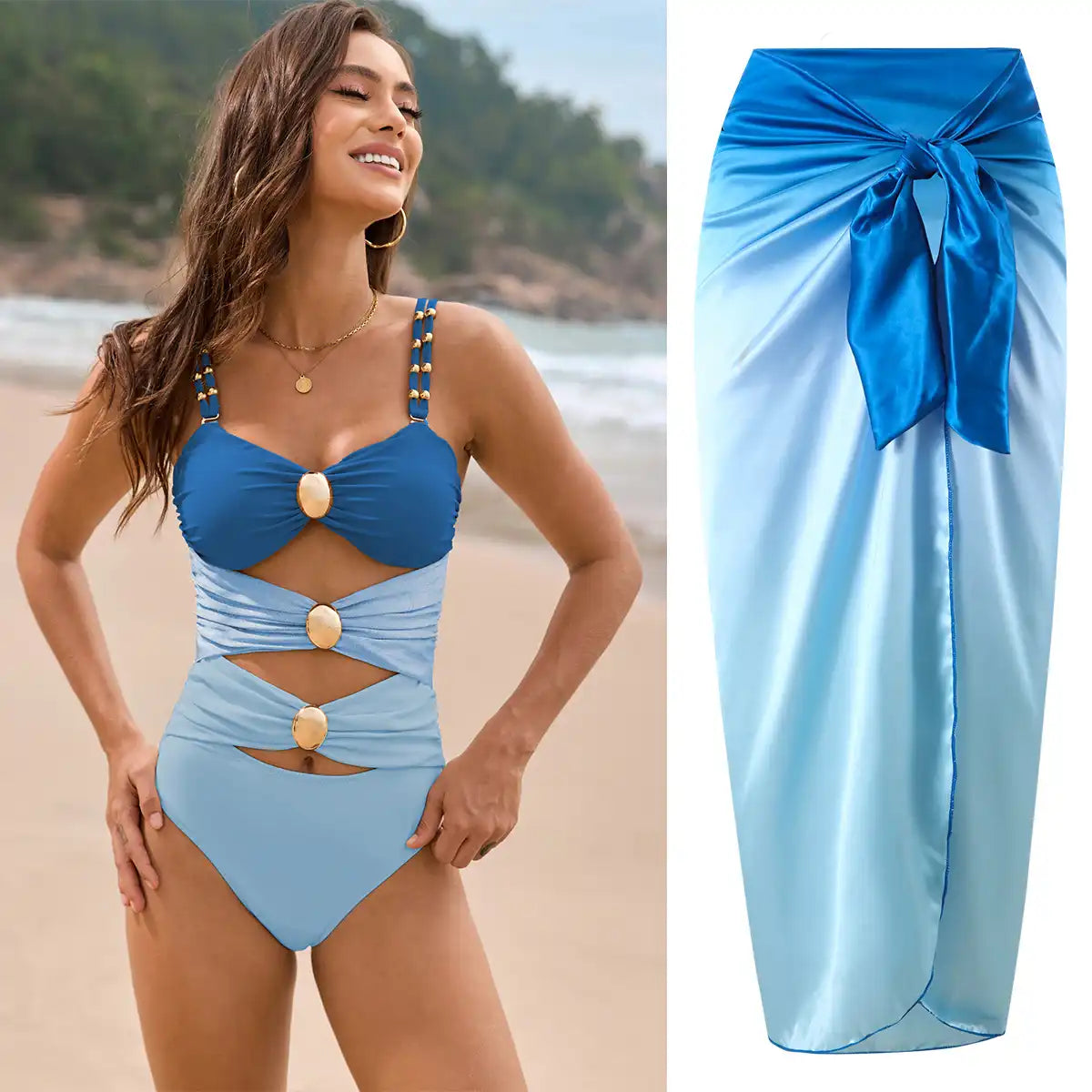Hollow Stitching Three-color Sweetheart Neck One-Piece Swimwear