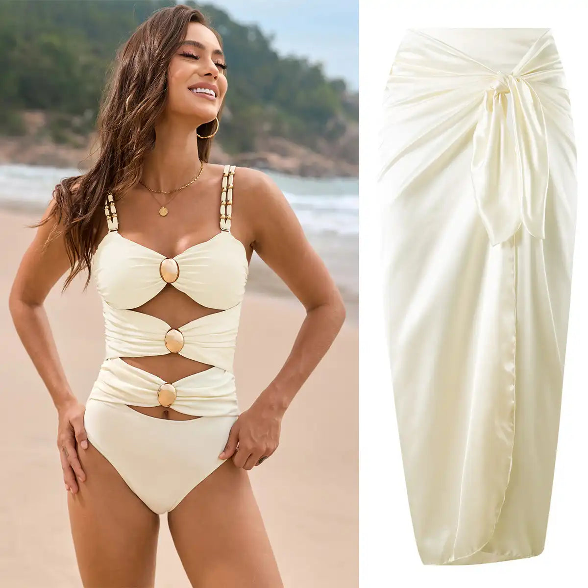 Hollow Stitching Three-color Sweetheart Neck One-Piece Swimwear