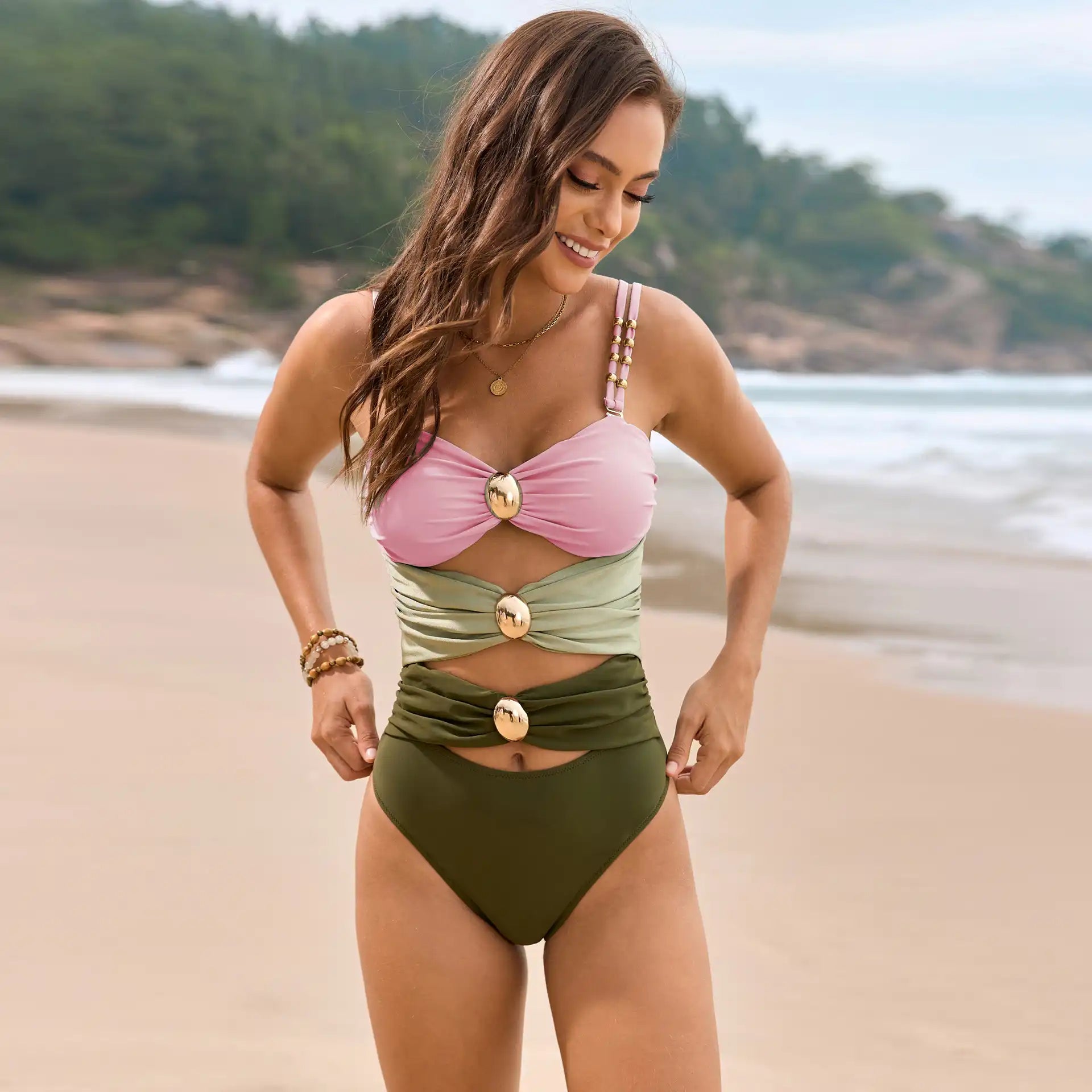 Hollow Stitching Three-color Sweetheart Neck One-Piece Swimwear