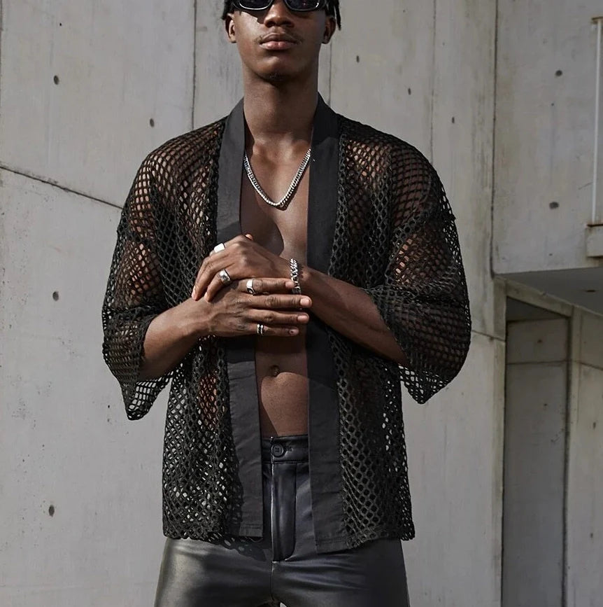 Men's Fashionable Black Fishnet Shirts Mesh See Through Cardigan