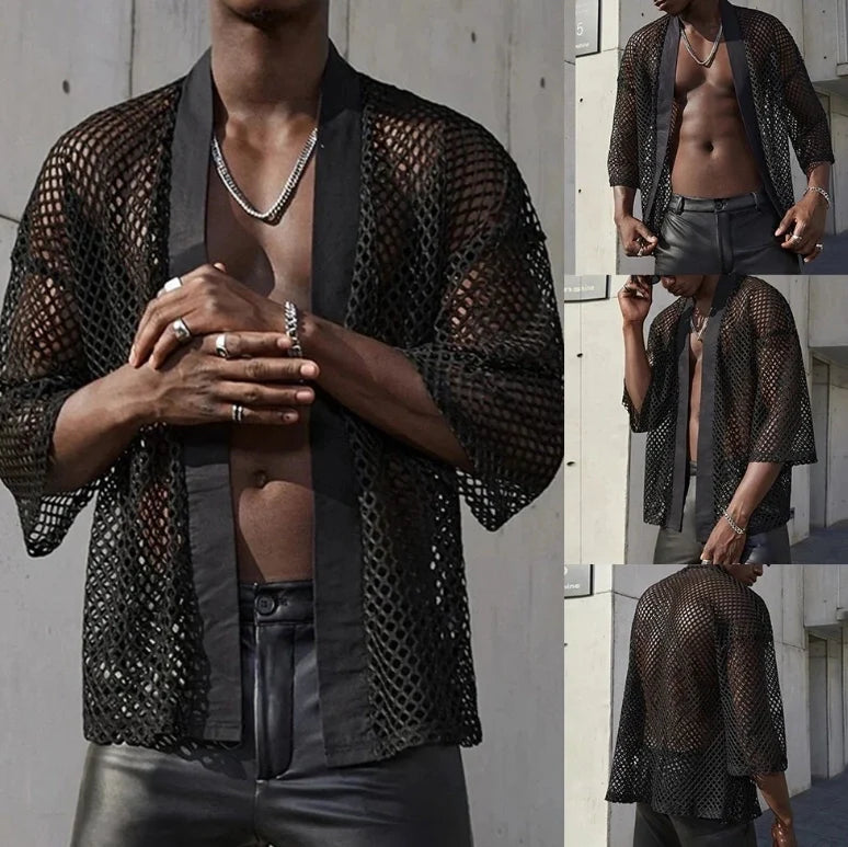 Men's Fashionable Black Fishnet Shirts Mesh See Through Cardigan
