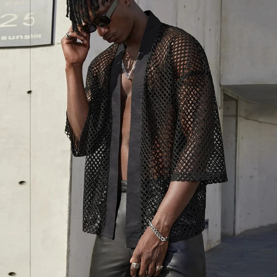 Men's Fashionable Black Fishnet Shirts Mesh See Through Cardigan