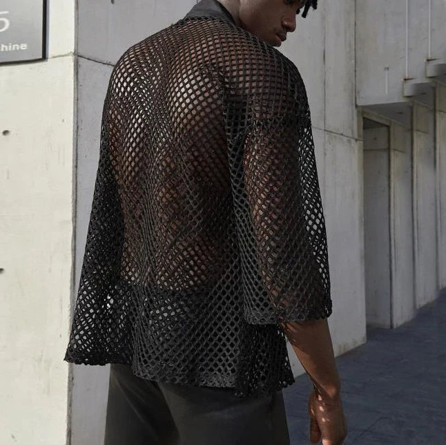 Men's Fashionable Black Fishnet Shirts Mesh See Through Cardigan