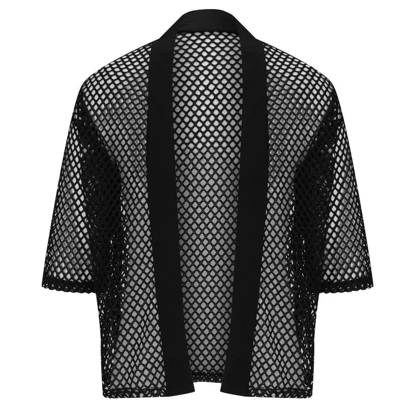 Men's Fashionable Black Fishnet Shirts Mesh See Through Cardigan