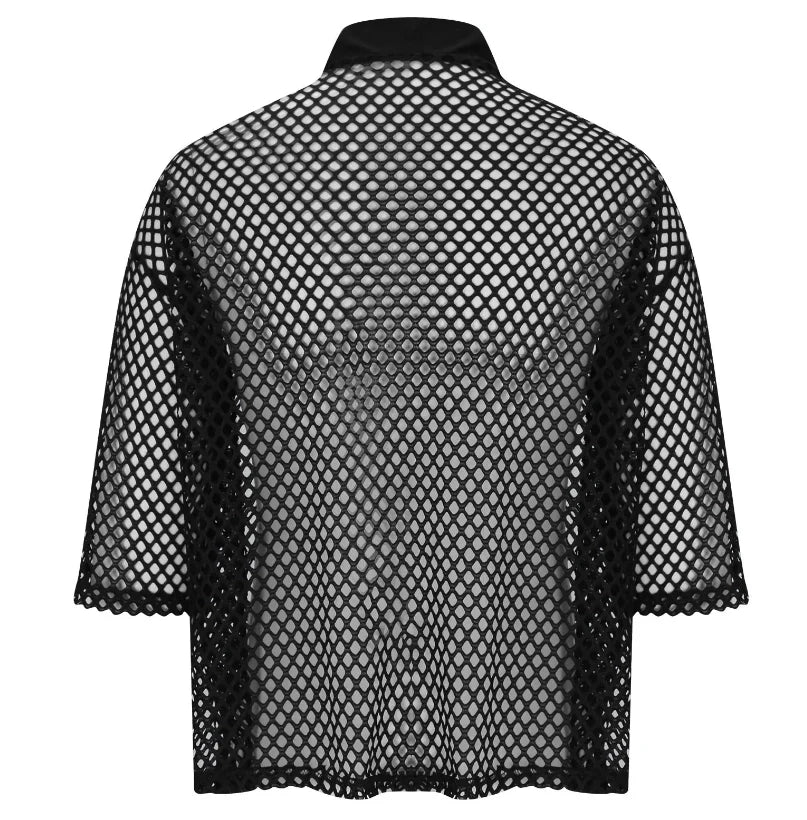 Men's Fashionable Black Fishnet Shirts Mesh See Through Cardigan