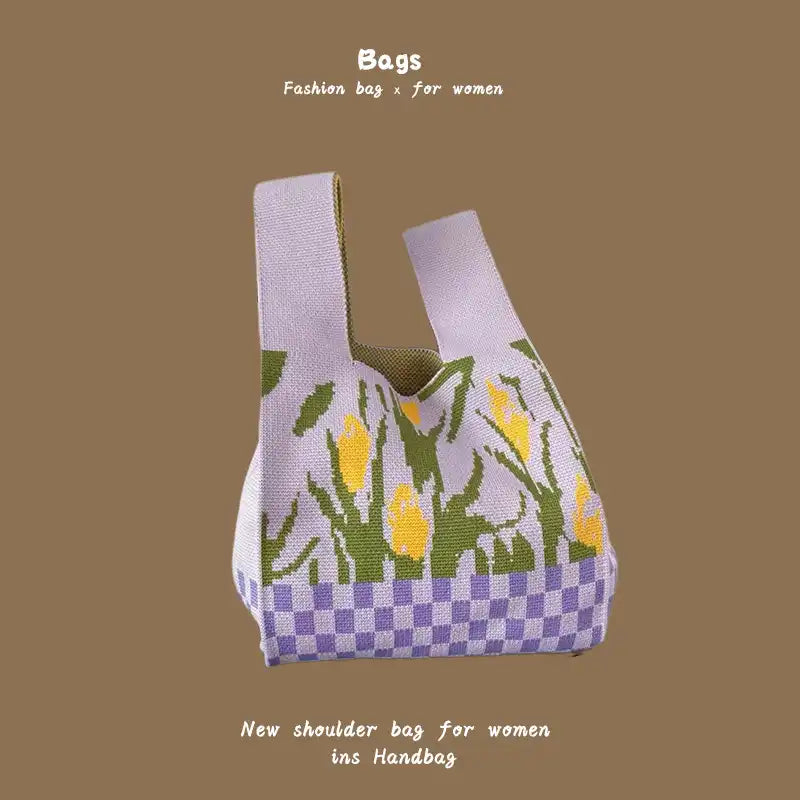 Japanese Kawaii Cat Knit Checkerboard Wrist Project Bag