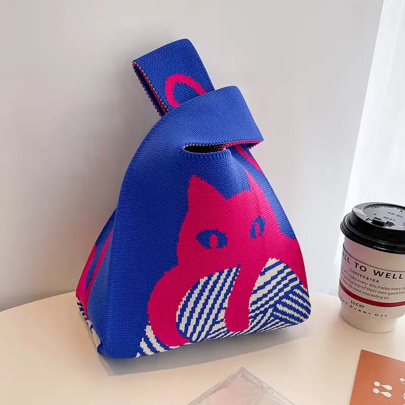 Japanese Kawaii Cat Knit Checkerboard Wrist Project Bag