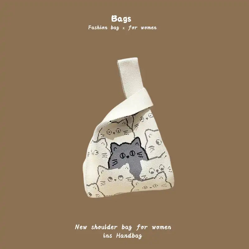 Japanese Kawaii Cat Knit Checkerboard Wrist Project Bag