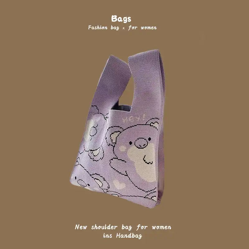 Japanese Kawaii Cat Knit Checkerboard Wrist Project Bag