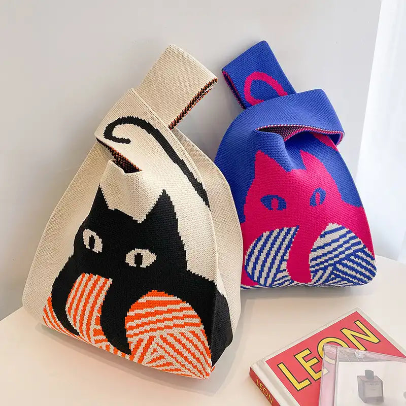 Japanese Kawaii Cat Knit Checkerboard Wrist Project Bag