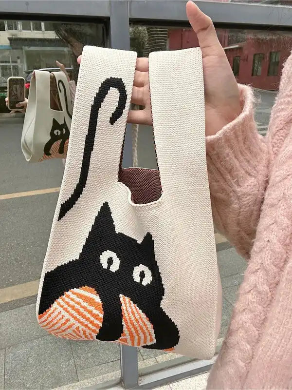 Japanese Kawaii Cat Knit Checkerboard Wrist Project Bag