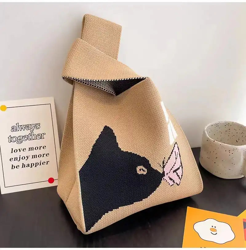 Japanese Kawaii Cat Knit Checkerboard Wrist Project Bag