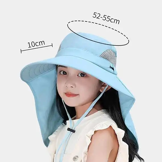 Kids Solar & USB Rechargeable Fan Hat - Wide Brim, Neck Flap, UV Protection, Breathable Outdoor Cooling