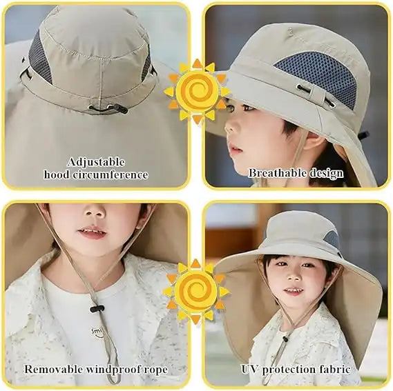 Kids Solar & USB Rechargeable Fan Hat - Wide Brim, Neck Flap, UV Protection, Breathable Outdoor Cooling
