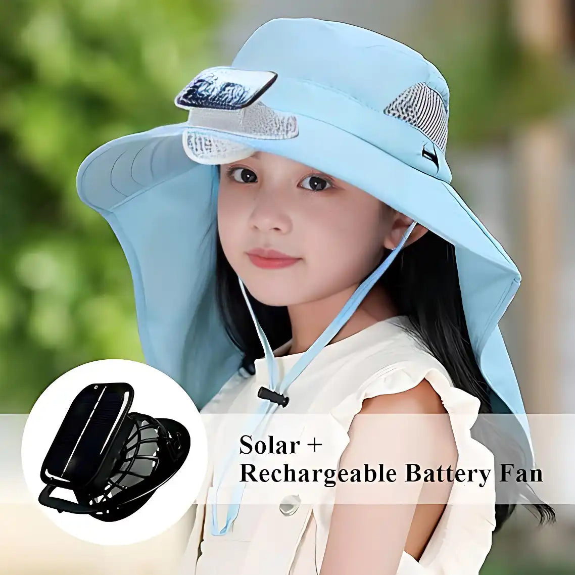 Kids Solar & USB Rechargeable Fan Hat - Wide Brim, Neck Flap, UV Protection, Breathable Outdoor Cooling