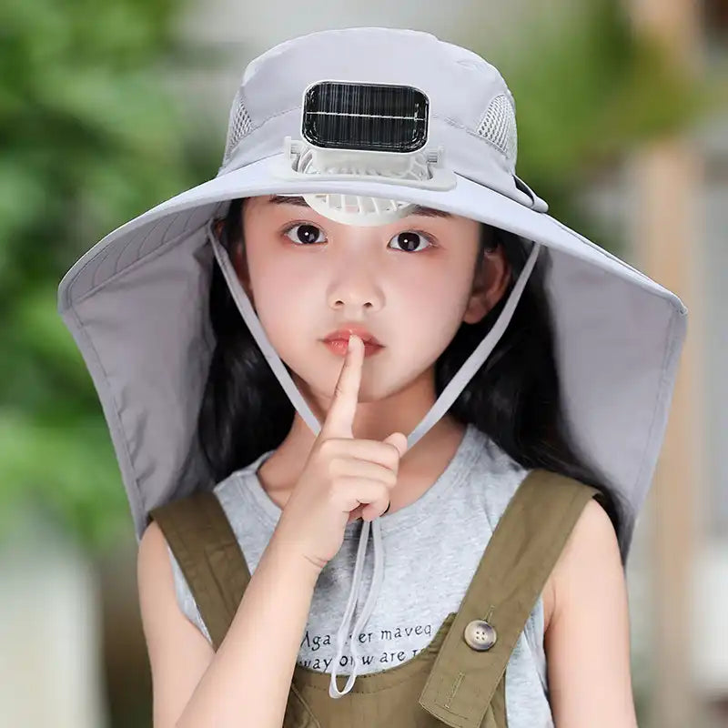 Kids Solar & USB Rechargeable Fan Hat - Wide Brim, Neck Flap, UV Protection, Breathable Outdoor Cooling