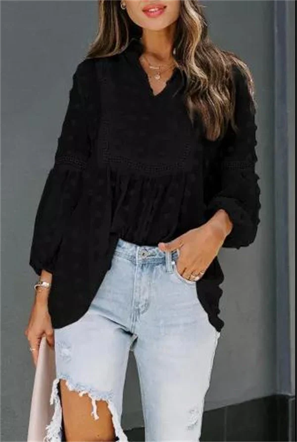 Lace V-neck Chiffon Fur Ball With Lining Long Sleeve Blouse