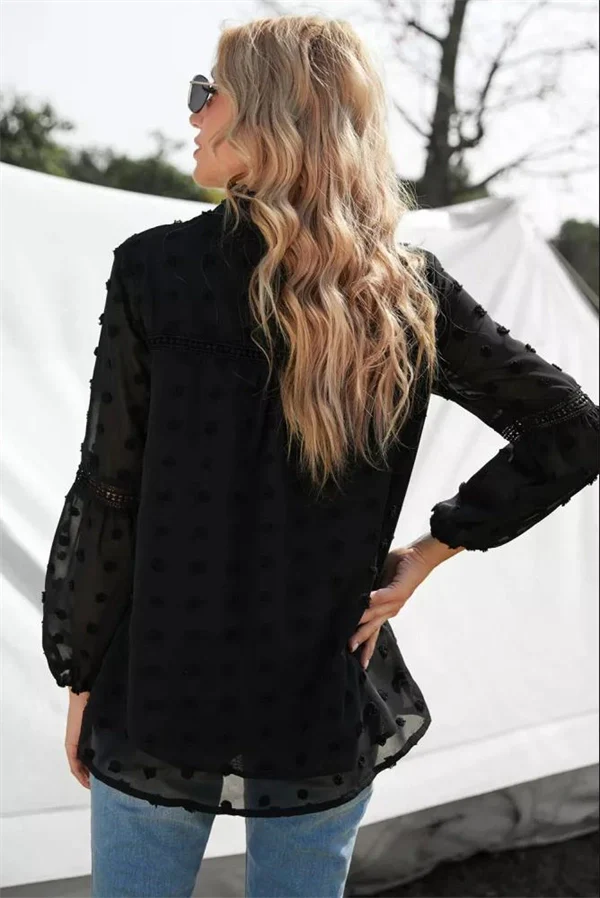 Lace V-neck Chiffon Fur Ball With Lining Long Sleeve Blouse