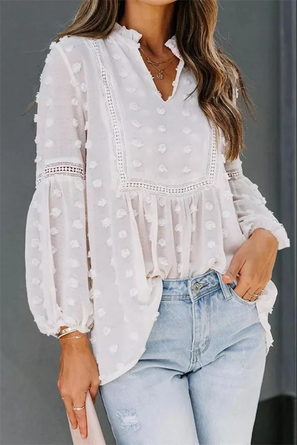 Lace V-neck Chiffon Fur Ball With Lining Long Sleeve Blouse
