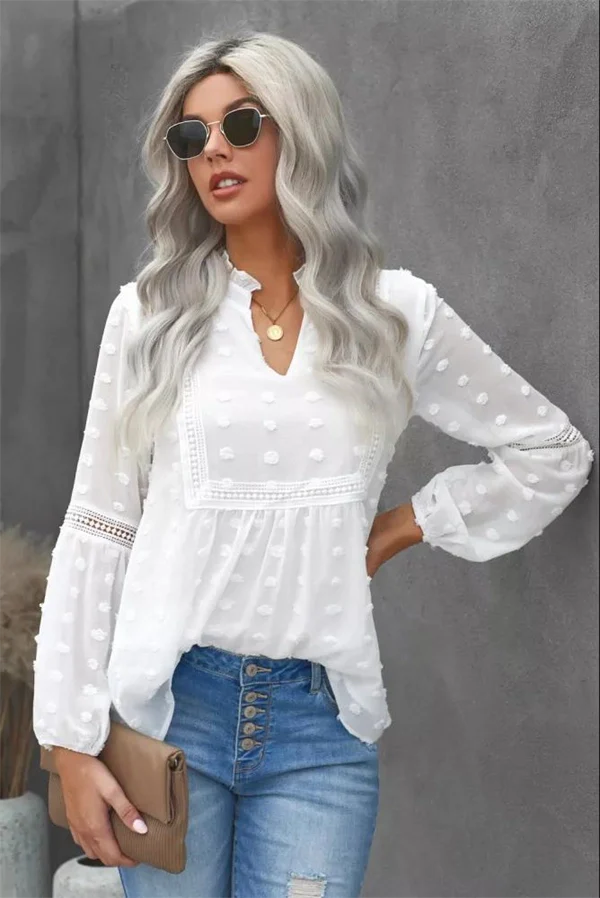 Lace V-neck Chiffon Fur Ball With Lining Long Sleeve Blouse