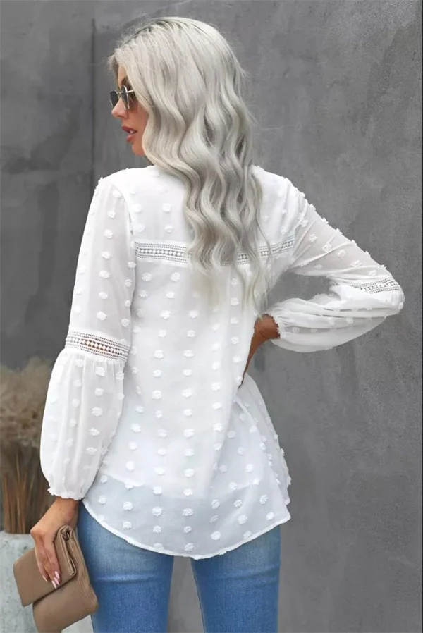 Lace V-neck Chiffon Fur Ball With Lining Long Sleeve Blouse