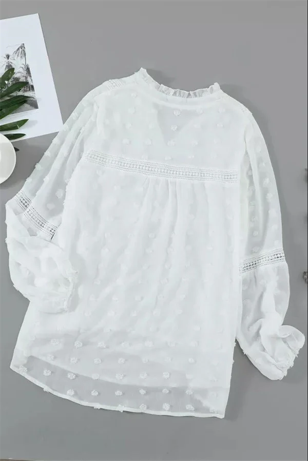 Lace V-neck Chiffon Fur Ball With Lining Long Sleeve Blouse